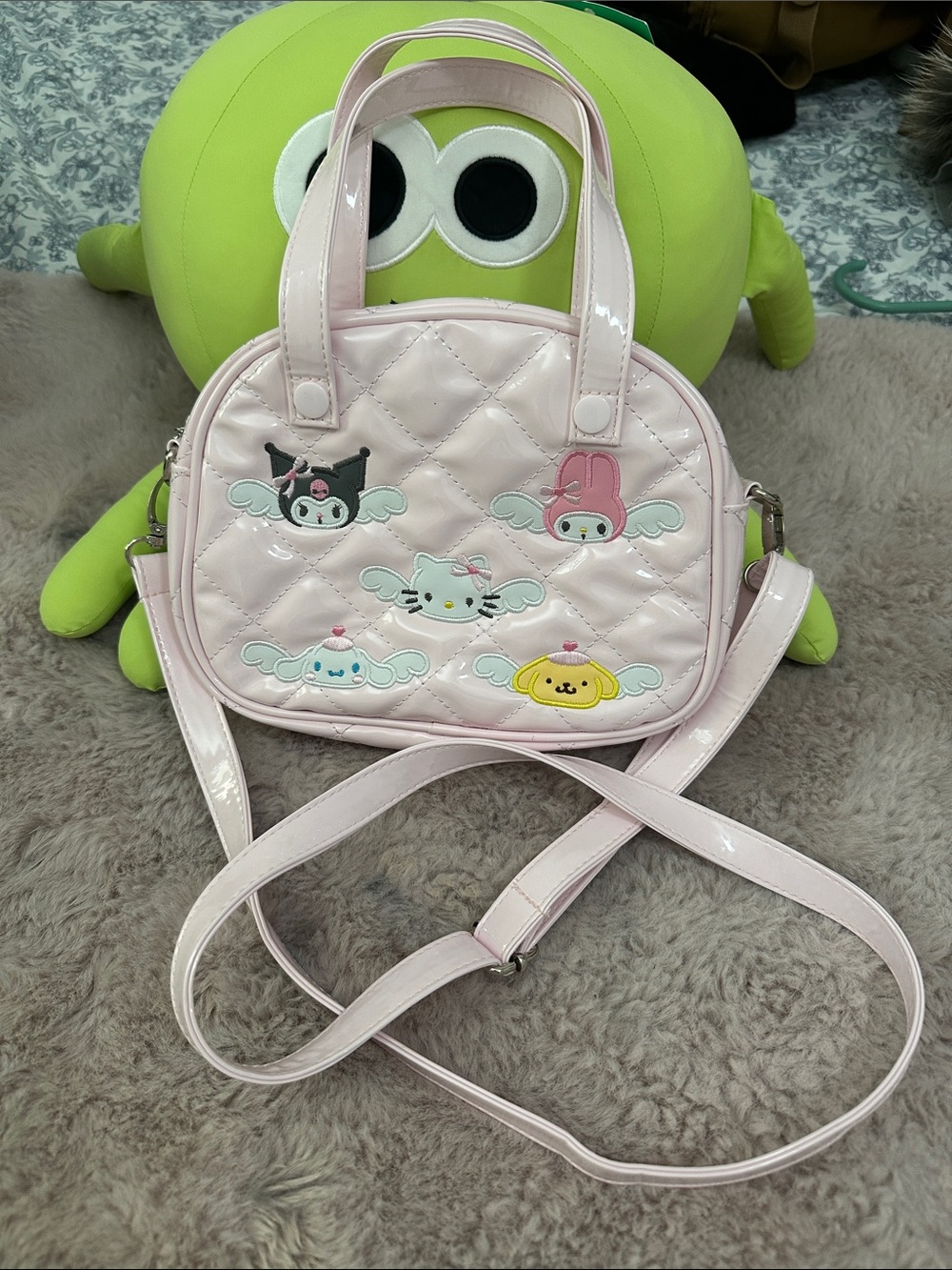 Sanrio Light Pink Quilted Kids Crossbody Bag with Character Patches